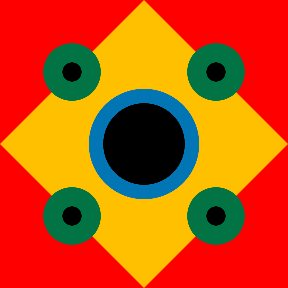 This image symbolizes the richness of the fauna and flora of my country, a tropical land filled with vibrant colors and life. The bold red and yellow tones evoke the warmth of the sun and the fertility of the soil, while the green circles represent the abundant vegetation that thrives across forests and landscapes. The central figure, surrounded by contrasting shapes, can be seen as a reminder of the balance between nature’s elements — animals, plants, and ecosystems — coexisting in harmony. The dynamic contrast of colors mirrors the diversity and vitality of a tropical environment, where every detail is alive and full of energy.