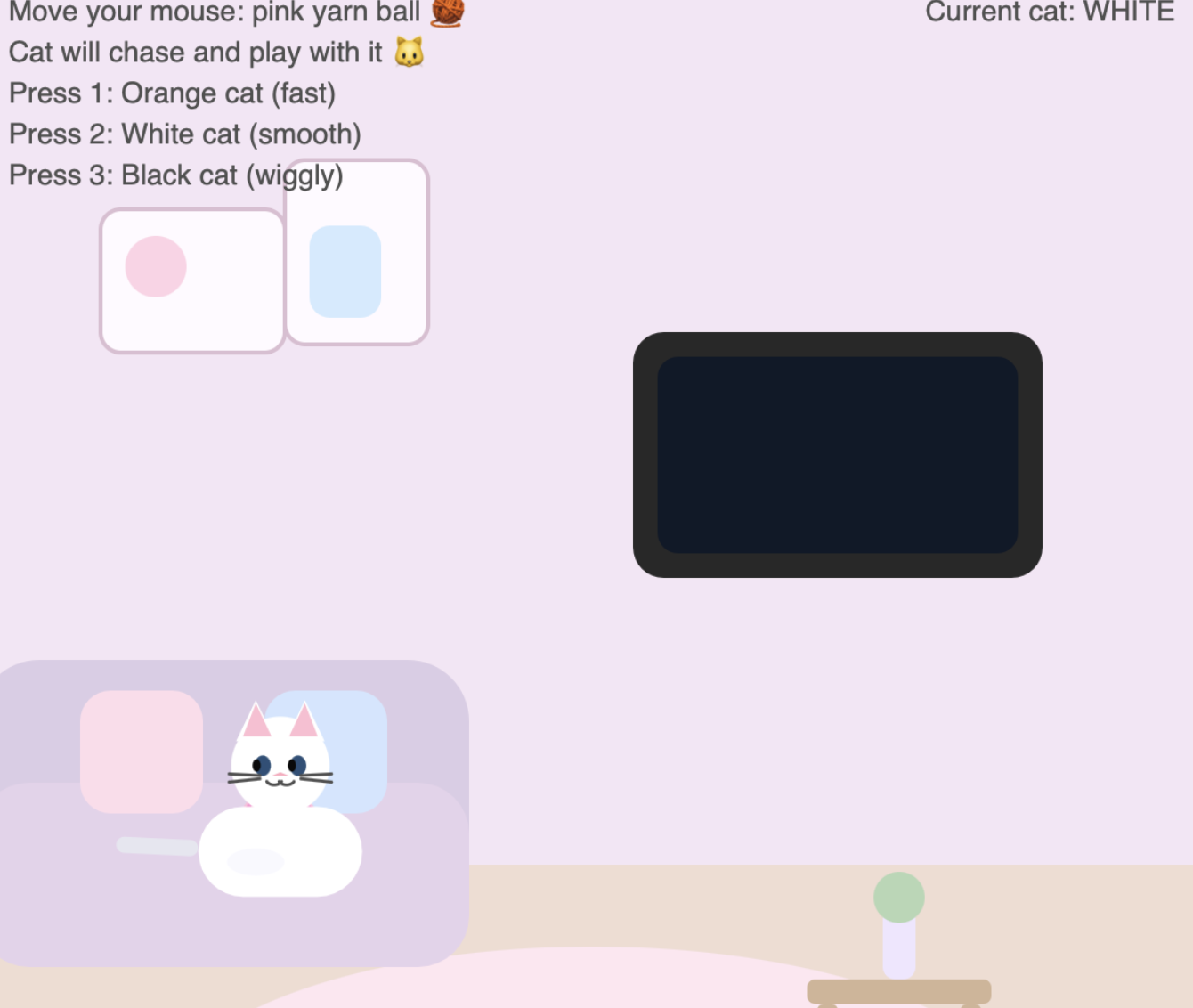 White cat: Smooth and calm, it follows the yarn in a gentle, fluid way.