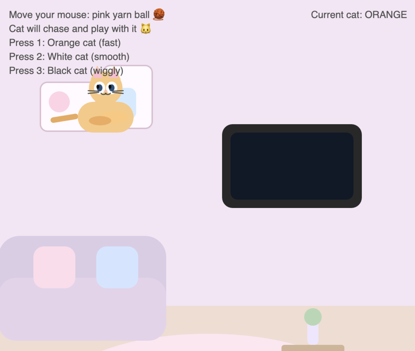 Orange cat: Fast and energetic, it eagerly chases the yarn with quick movements.