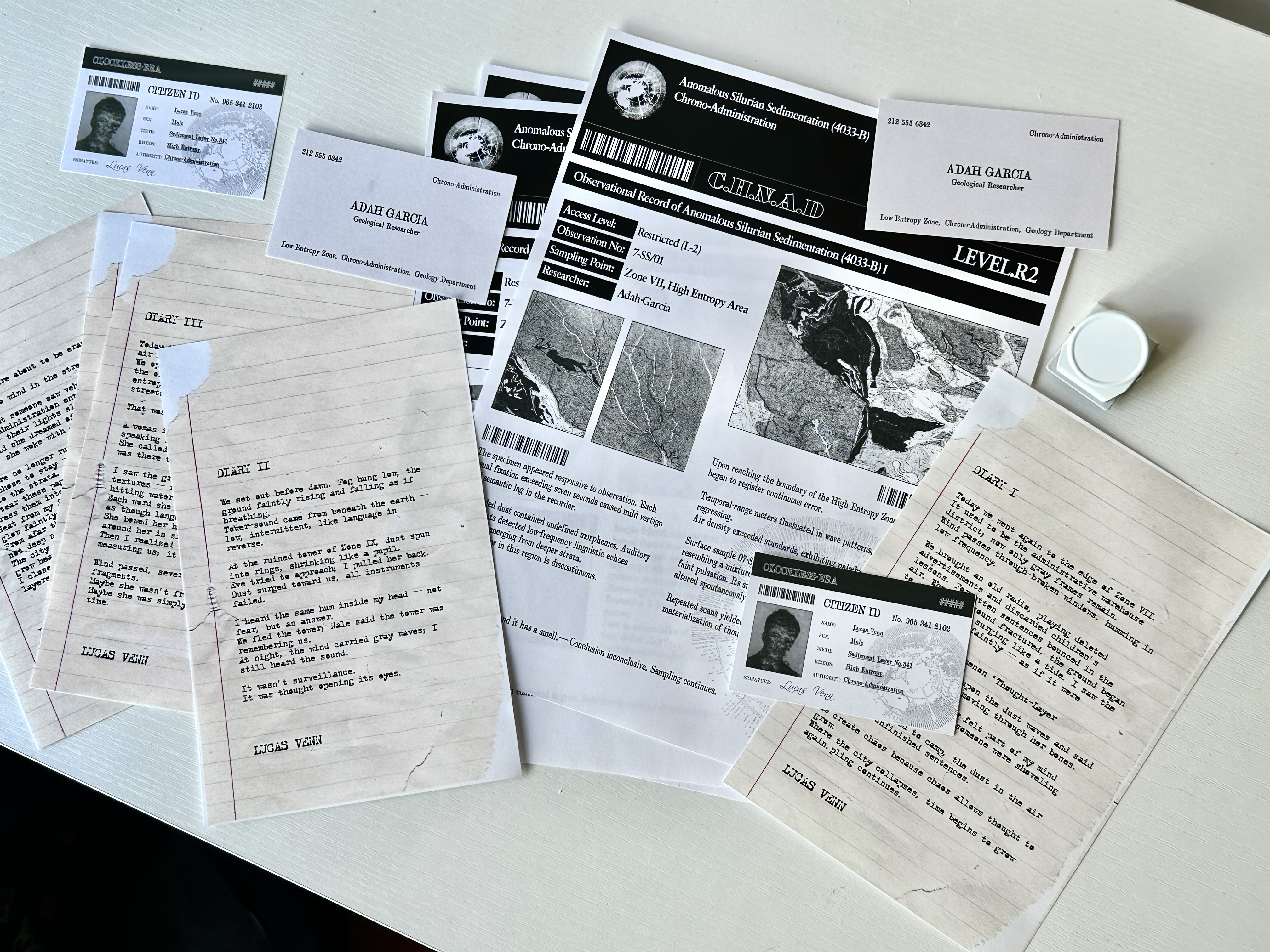 Story line:
A. Researcher's Report by Adah Garcia
Institution: Low Entropy Zone, Chrono-Administration, Geology Department

B. Rebel's Diary by Lucas Venn
Region: High Entropy Zone
Document Format: Fragmented handwritten pages, later reconstructed by archaeologists from the ideological layers.