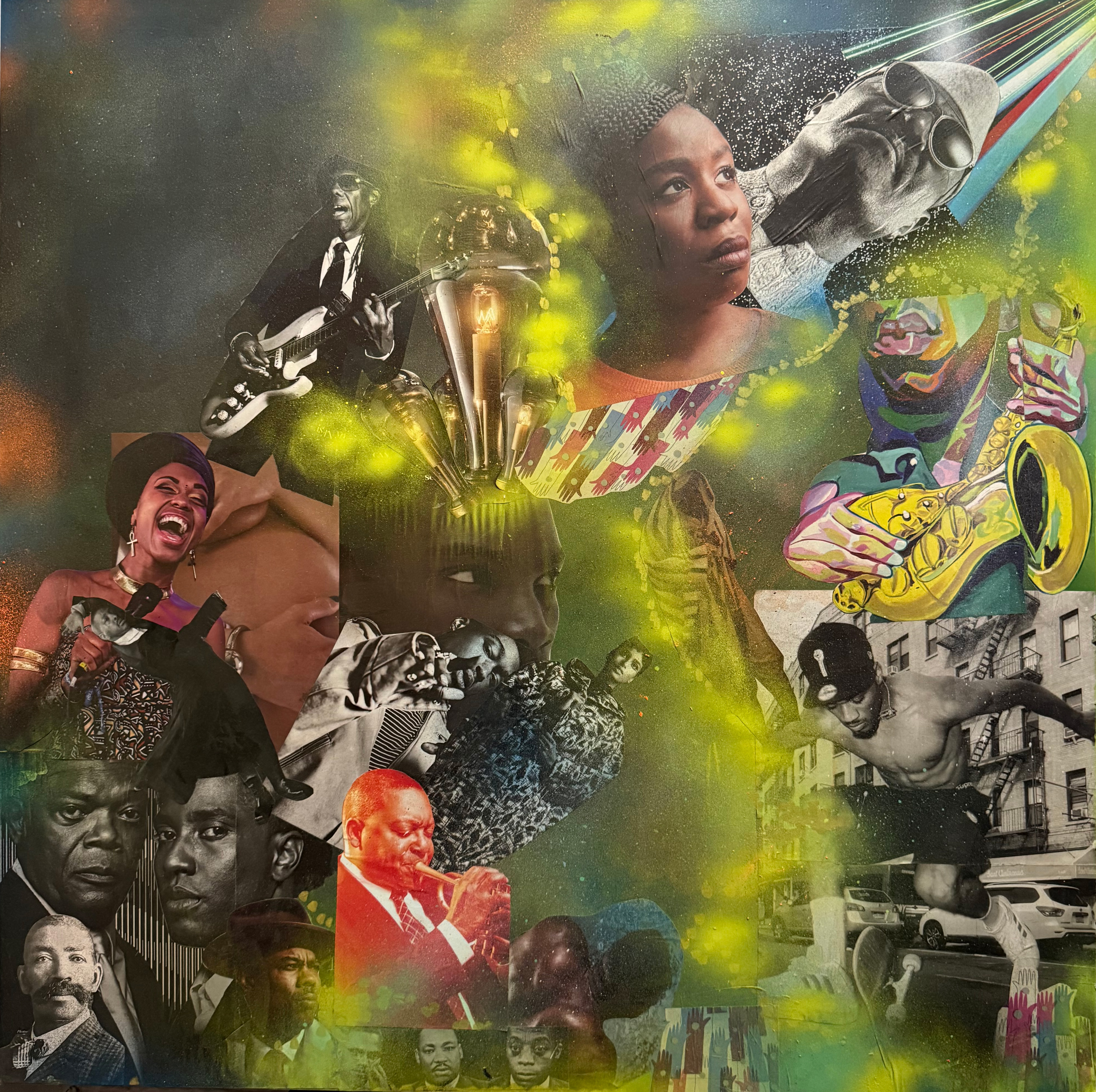 Multimedia collage using light as a metaphor for understanding the contributions of African Americans to the story of America