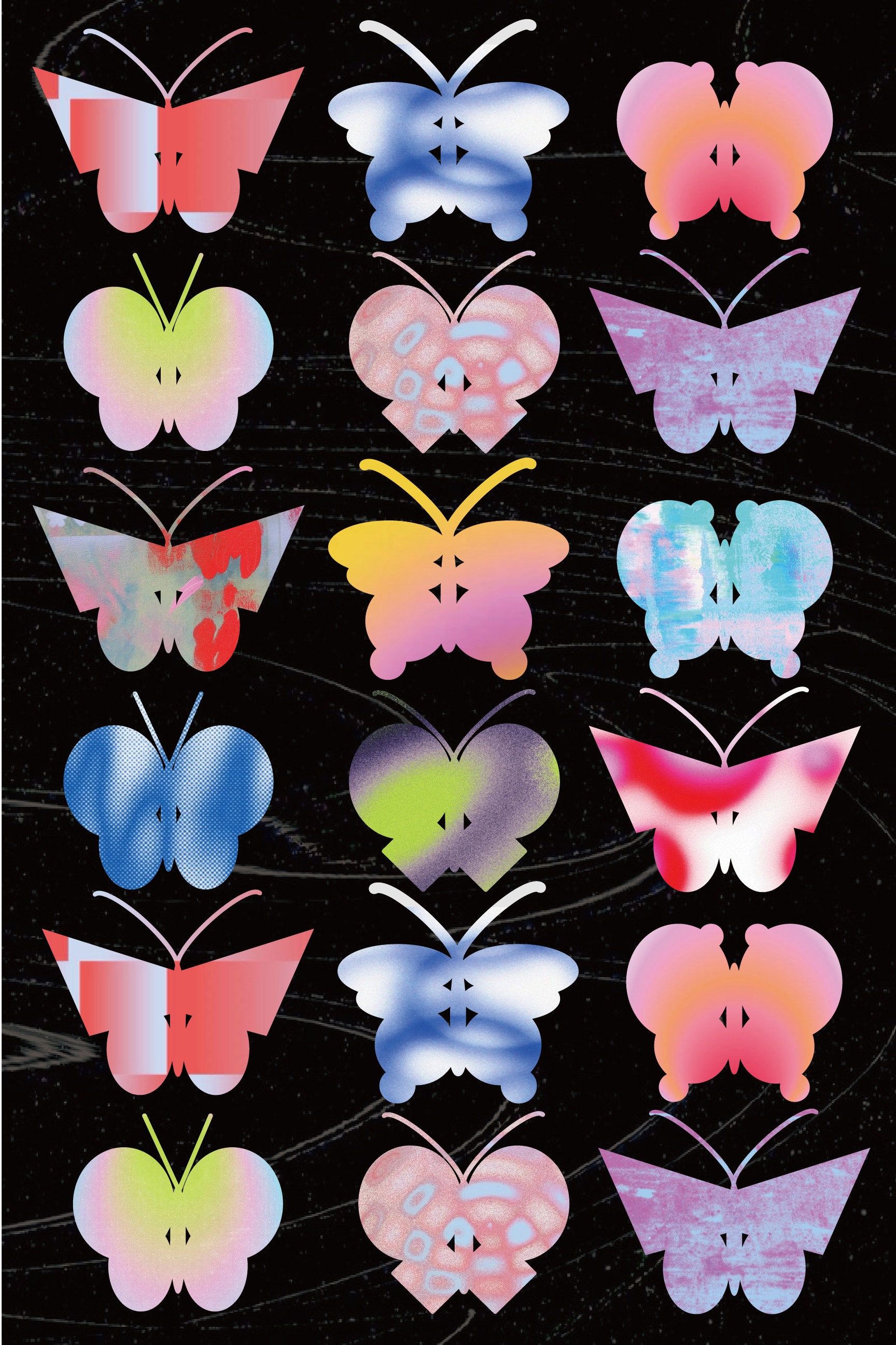 This poster combines p5.js and Illustrator. I used p5.js to generate different butterfly forms, then added gradients, textures, patterns, and colors in Illustrator. The project explores how code controls form while Illustrator develops visual style and personality.