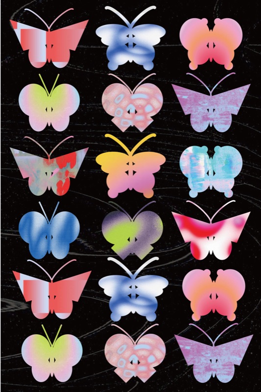 This poster combines p5.js and Illustrator. I used p5.js to generate different butterfly forms, then added gradients, textures, patterns, and colors in Illustrator. The project explores how code controls form while Illustrator develops visual style and personality.