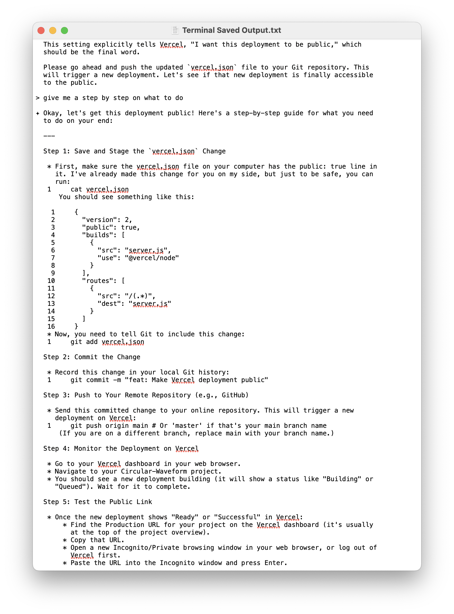 Screenshot of my terminal, speaking to Gemini to help me bring my project to the web.