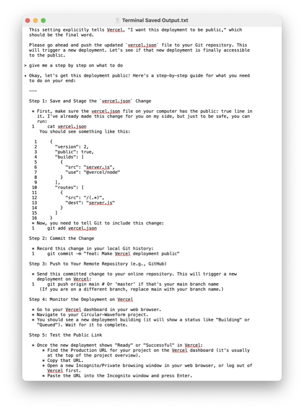 Screenshot of my terminal, speaking to Gemini to help me bring my project to the web.