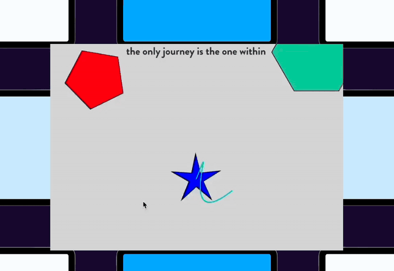 This project is a video depiction of the journey one takes to get as far as they can. The symbols show movement in place and on the x-axis, however (on click) each time before the shape reaches the end, it starts over. The resistance and struggle is shown using the changes that are highlighted each time there's a click.