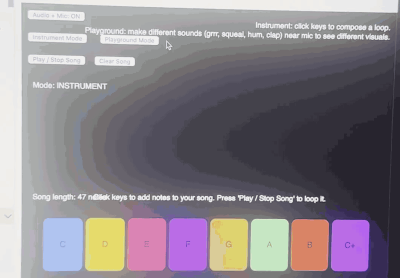 The first thought I had had two parts: a playground and a piano.  The playground element didn't operate well, so I chose to delete it, and the piano feature at the time didn't have a recording capability or all of the keys on a real piano, so only very simple tunes could be created.
