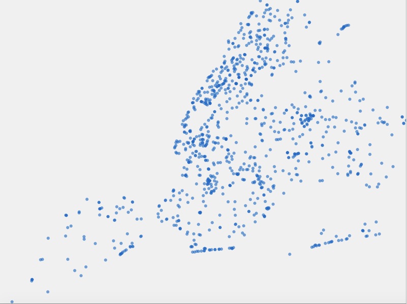 This was the beginning of using the NYC open data set. I wanted to see what it looked like in full across all of New York. The dots indicate each fountain.