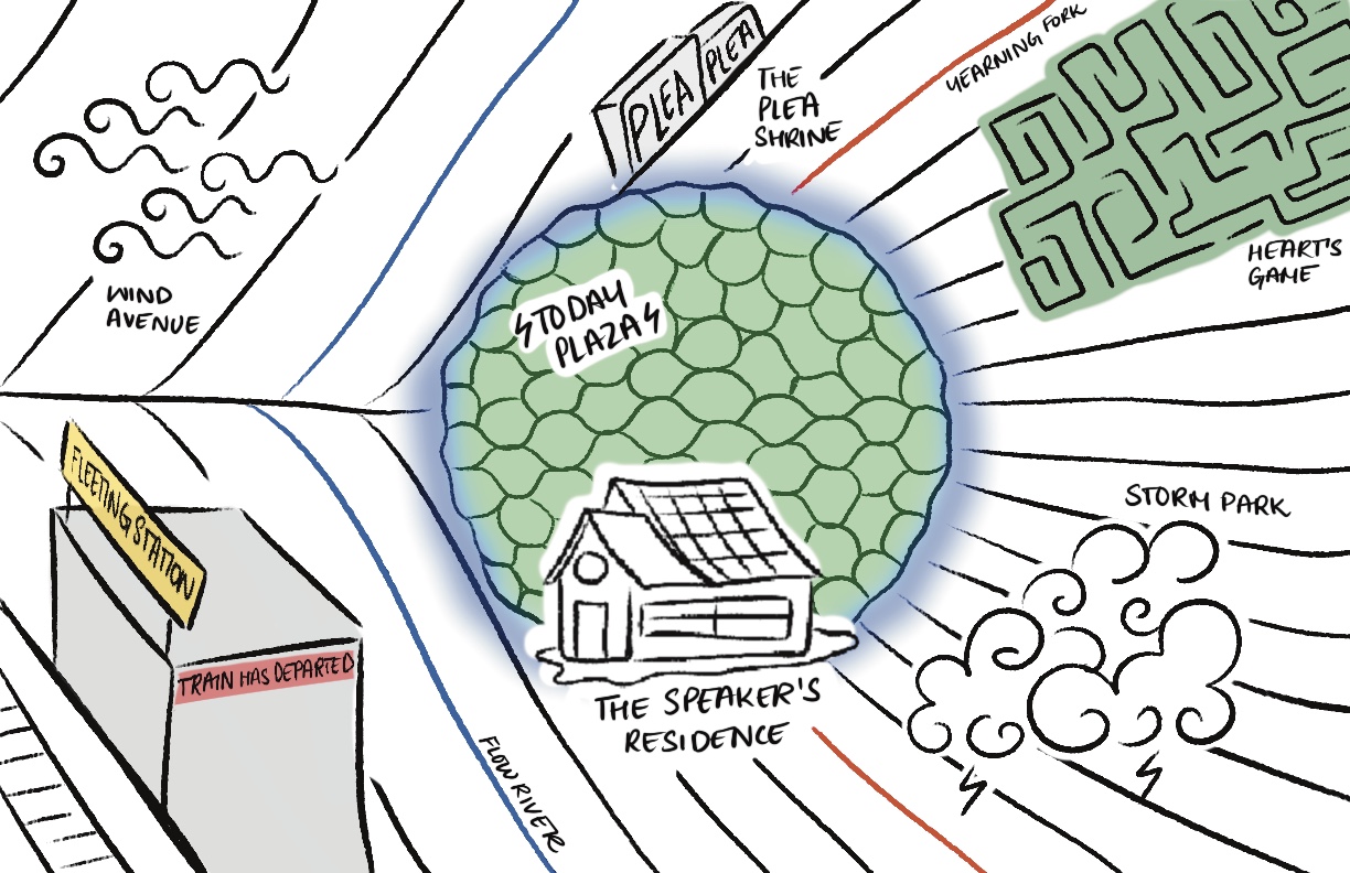 The city map represents the main concepts that take place in poem. After feedback received, the look of it was updated to make it relate more to the poem in terms of how it looked and how complex the poems concept is. The city now looks like a moss structure under microscopic view, which when looked from afar, resembles the centre dot of a peacock feather.