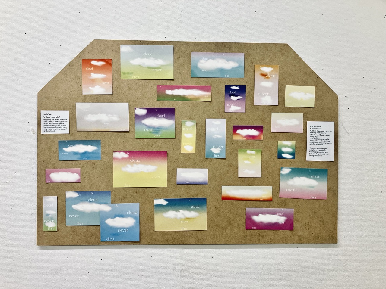 The presentation in the week 5 open class, I printed 26 small pieces to showcase my outcome and gave them out in the end as little cards for people who want a piece of cloud.