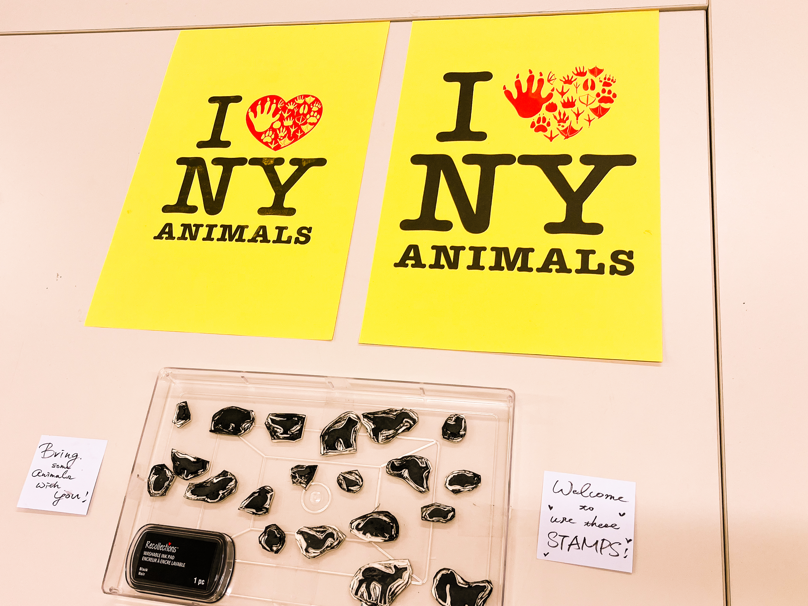 My hand-carved stamps of animals and two versions of I❤️NY ANIMALS