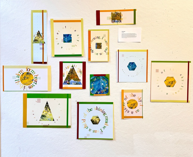 This series combines geometric shapes, natural imagery, and text, using circular typography to create a sense of visual rhythm. The varied shapes and colorful borders add depth to the overall composition, conveying a poetic visual experience.